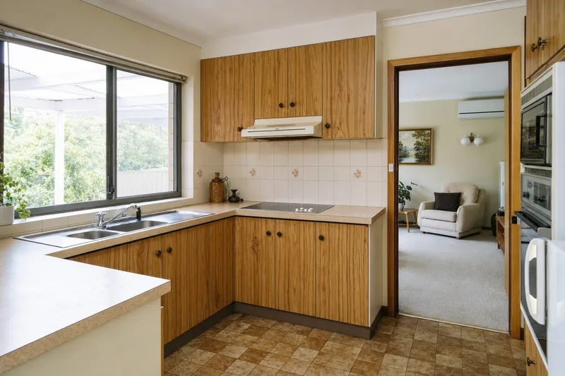 A dated kitchen with timber-look cupboards and laminate benchtops, a doorway through to the living room — partial demolition, Central Coast. Illustrative example.