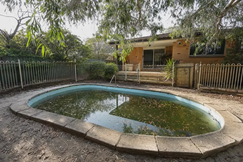 An old backyard swimming pool with cracked coping and leaf-littered green water behind a weathered pool fence — pool removal, Central Coast. Illustrative example.