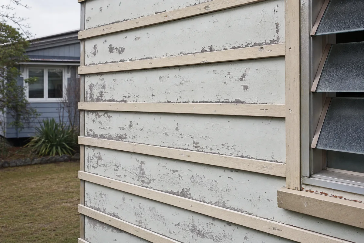 Close view of weathered flat wall sheets with timber cover strips and peeling paint beside a louvre window — house demolition, Central Coast. Illustrative example.
